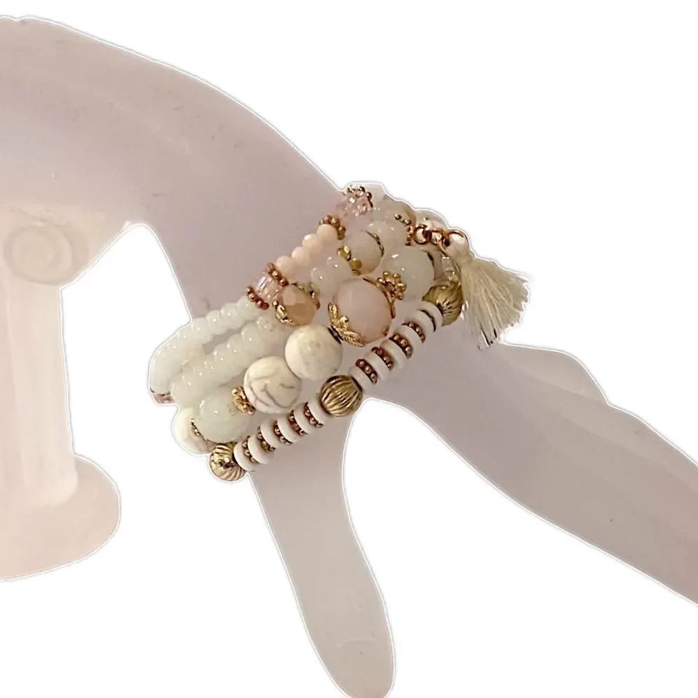Glass Beaded Stacked Bracelet Rows Beads‎ Floral Neutrals Y2K Boho Fairy Indie